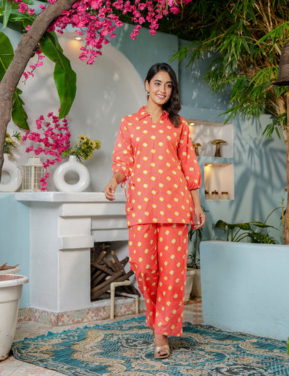 Vibrant coral-orange Sanganeri Printed Relaxed Fit Cotton Co-ord Set - HL136
