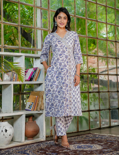 Hand Block Cotton A-line, V-shaped Collared Neckline Kurta Set with Kota Doria Dupatta - HL36