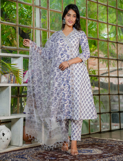 Hand Block Cotton A-line, V-shaped Collared Neckline Kurta Set with Kota Doria Dupatta - HL36
