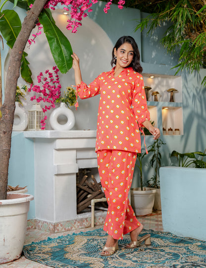 Vibrant coral-orange Sanganeri Printed Relaxed Fit Cotton Co-ord Set - HL136