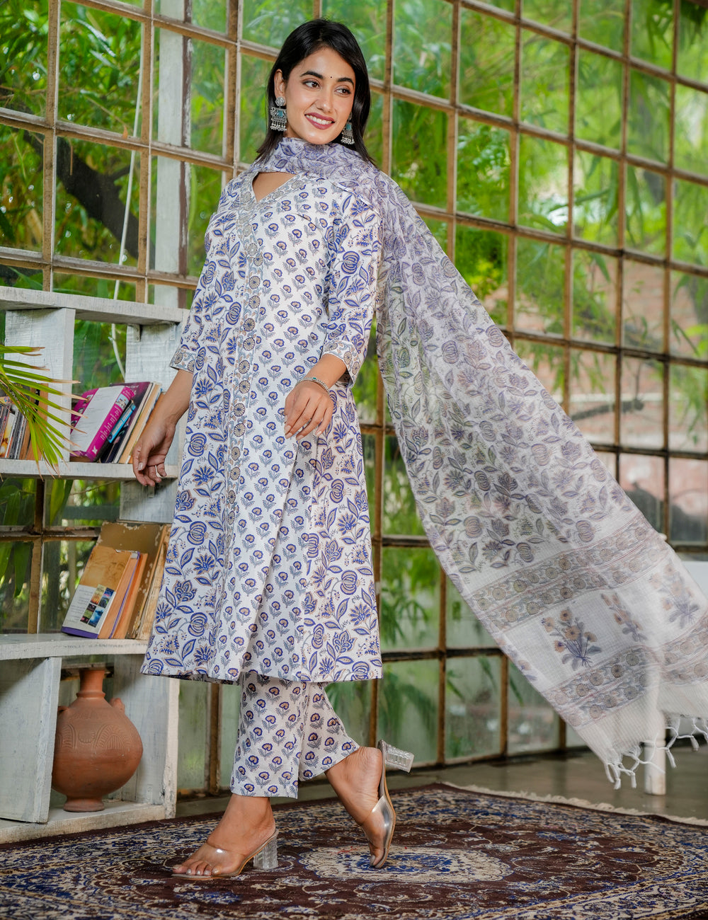 Hand Block Cotton A-line, V-shaped Collared Neckline Kurta Set with Kota Doria Dupatta - HL36