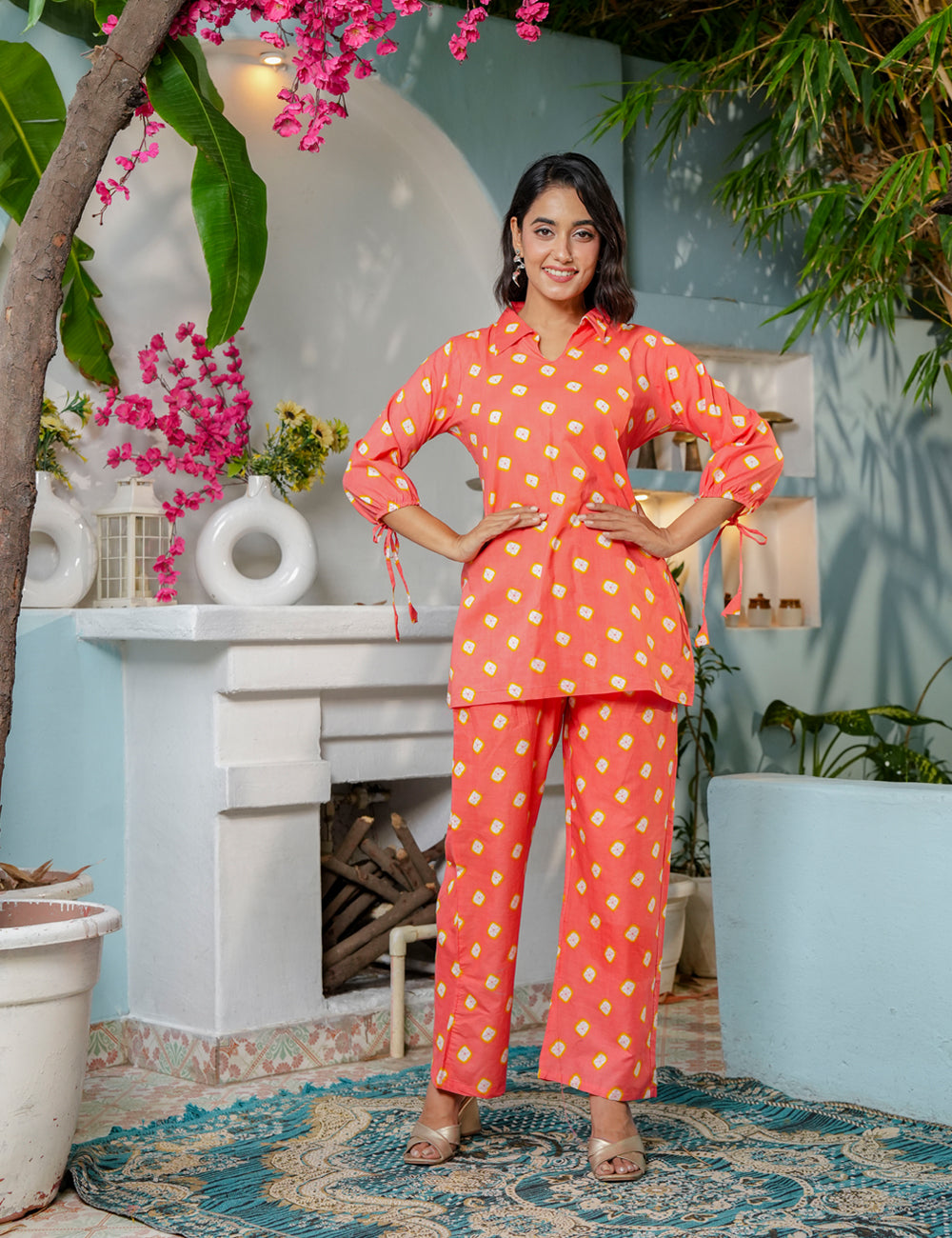 Vibrant coral-orange Sanganeri Printed Relaxed Fit Cotton Co-ord Set - HL136