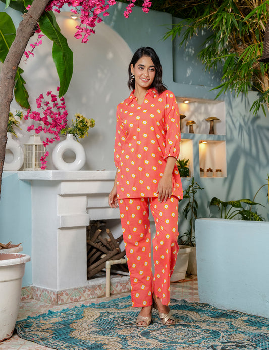 Vibrant coral-orange Sanganeri Printed Relaxed Fit Cotton Co-ord Set - HL136