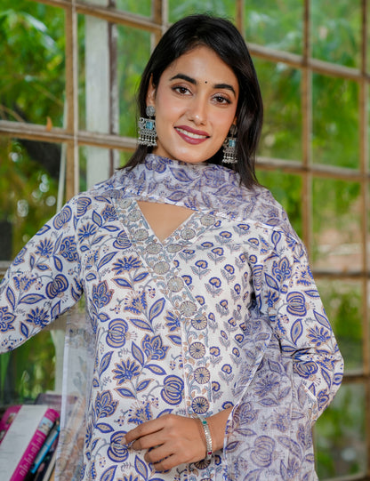 Hand Block Cotton A-line, V-shaped Collared Neckline Kurta Set with Kota Doria Dupatta - HL36