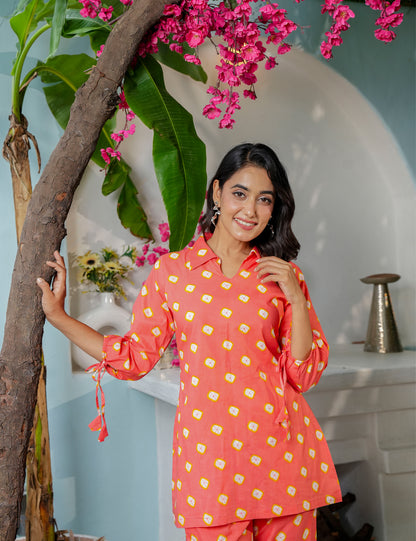 Vibrant coral-orange Sanganeri Printed Relaxed Fit Cotton Co-ord Set - HL136
