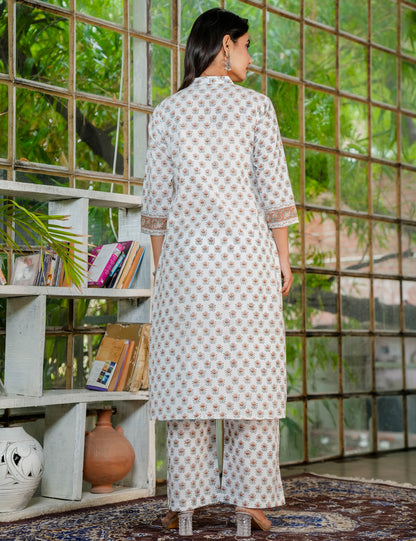 Rust Petal Hand-Block Printed Cotton A-Line Kurta Set with Kota Doria Dupatta - HL37