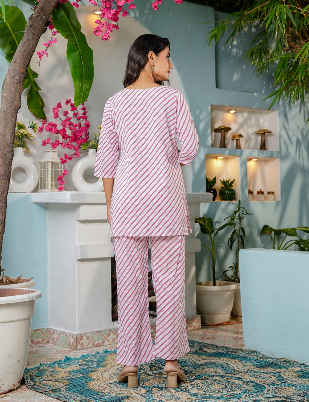 Soft and elegant striped Sanganeri Printed Relaxed Fit Cotton Co-ord Set - HL137
