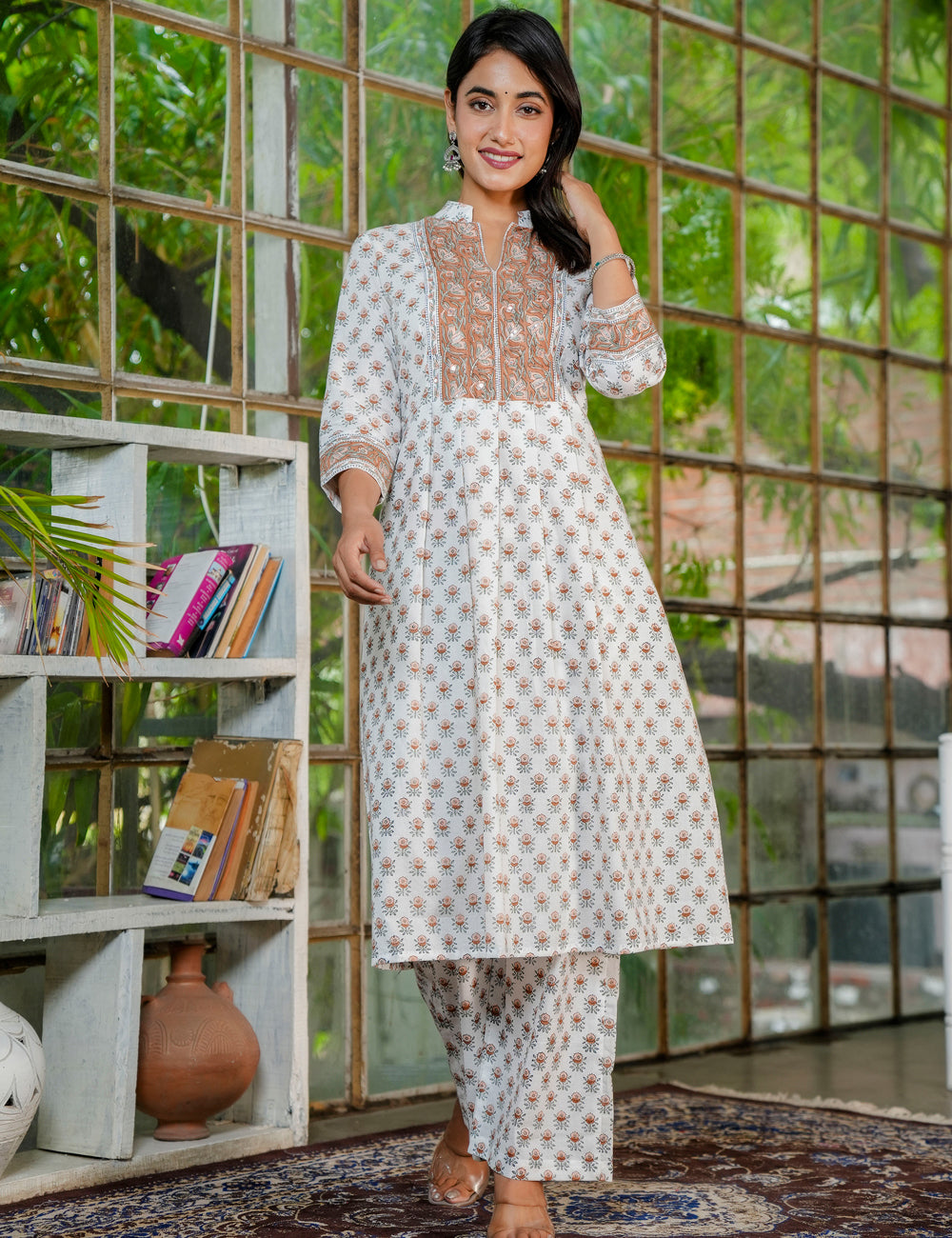 Rust Petal Hand-Block Printed Cotton A-Line Kurta Set with Kota Doria Dupatta - HL37