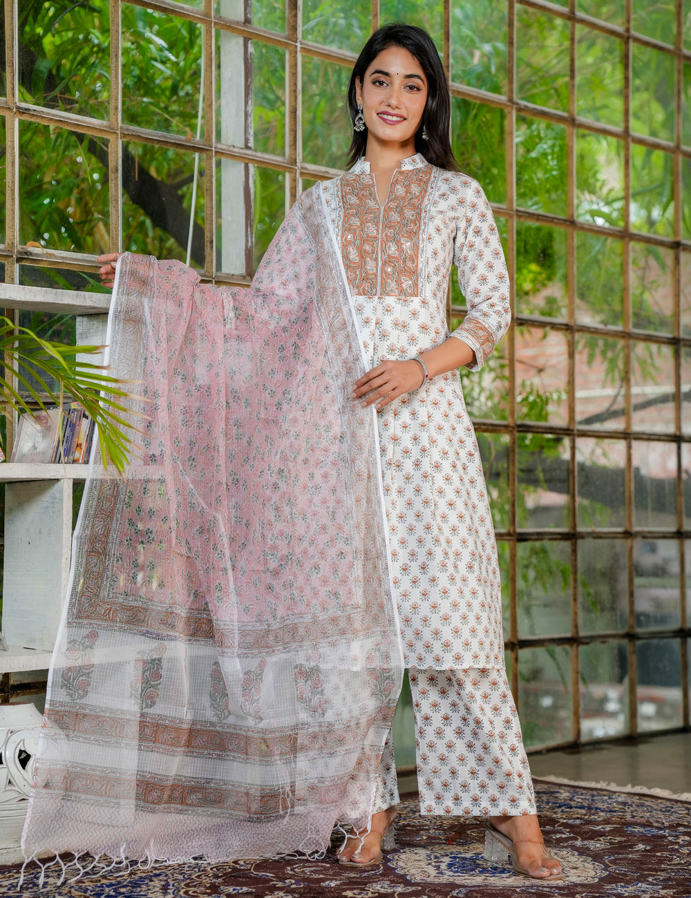 Rust Petal Hand-Block Printed Cotton A-Line Kurta Set with Kota Doria Dupatta - HL37