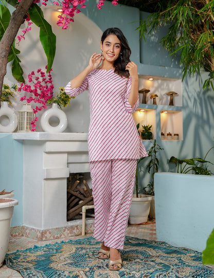 Soft and elegant striped Sanganeri Printed Relaxed Fit Cotton Co-ord Set - HL137