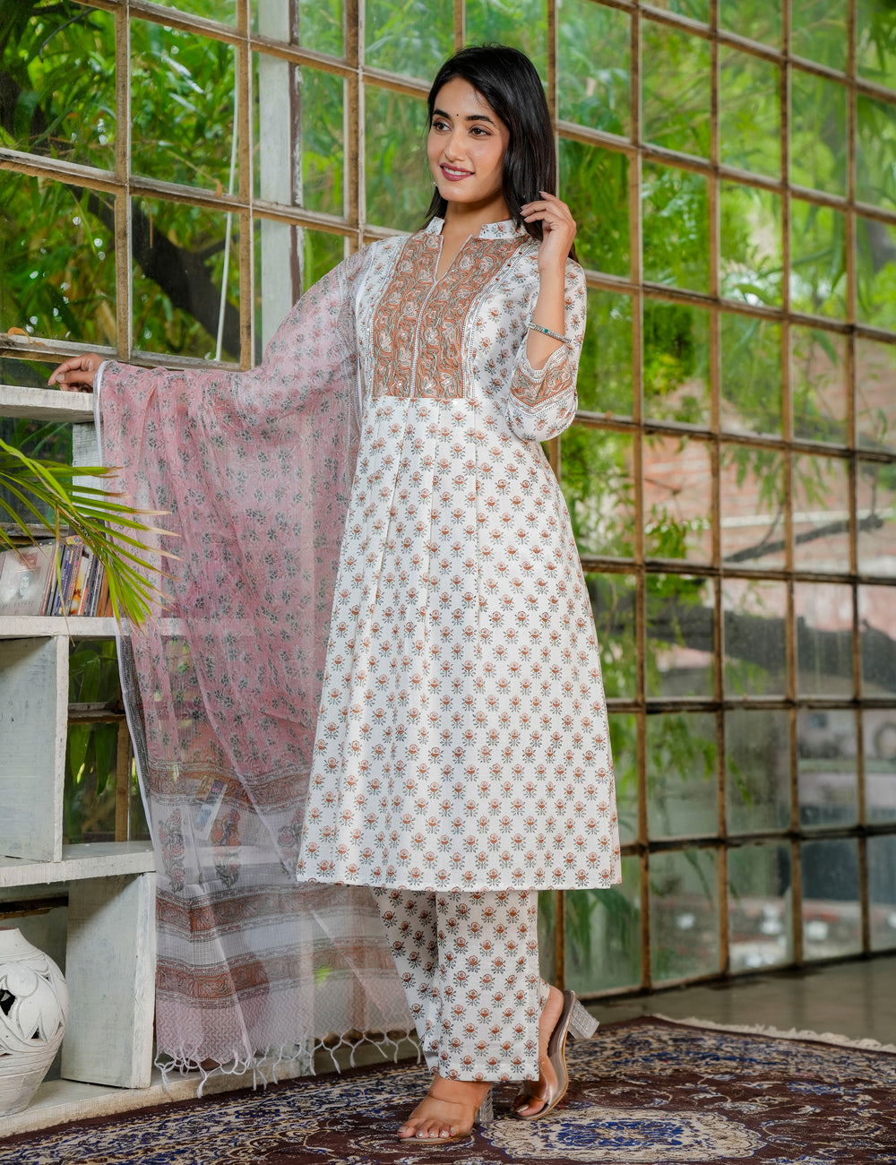 Rust Petal Hand-Block Printed Cotton A-Line Kurta Set with Kota Doria Dupatta - HL37