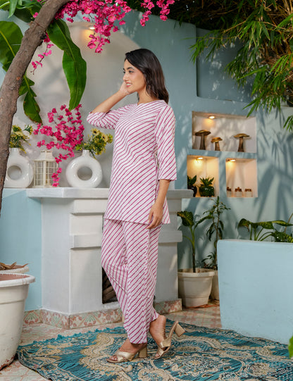 Soft and elegant striped Sanganeri Printed Relaxed Fit Cotton Co-ord Set - HL137