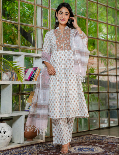 Rust Petal Hand-Block Printed Cotton A-Line Kurta Set with Kota Doria Dupatta - HL37