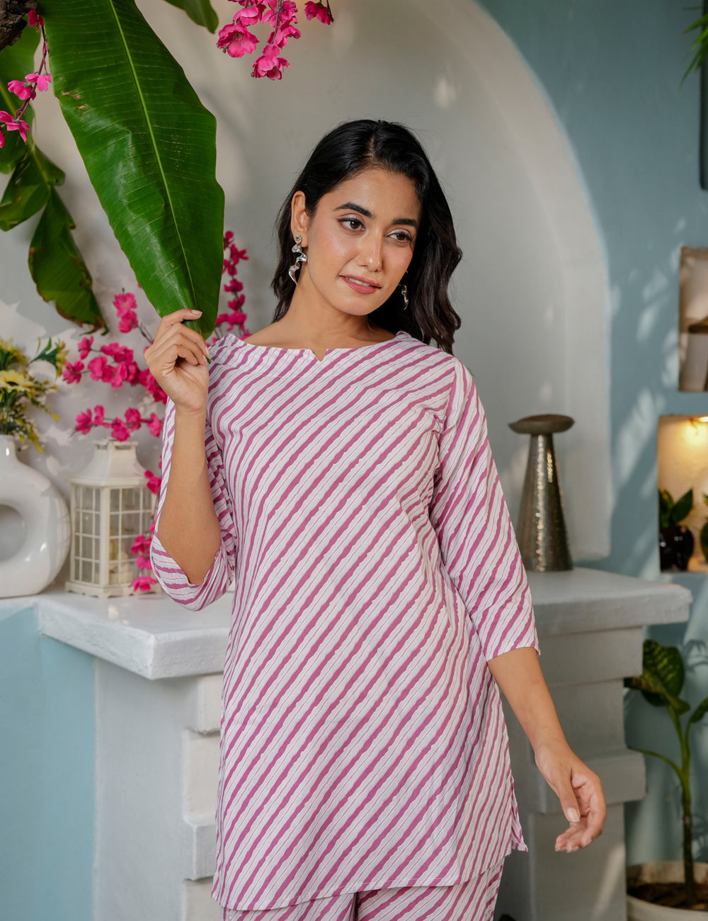 Soft and elegant striped Sanganeri Printed Relaxed Fit Cotton Co-ord Set - HL137