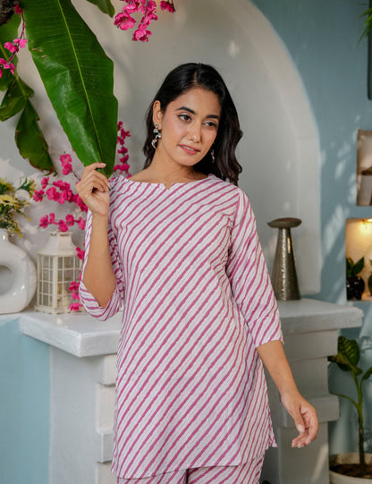 Soft and elegant striped Sanganeri Printed Relaxed Fit Cotton Co-ord Set - HL137