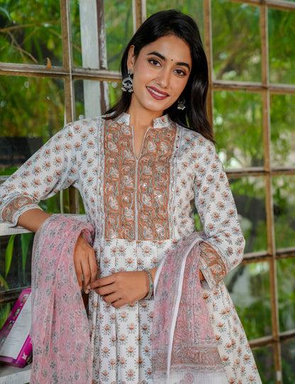 Rust Petal Hand-Block Printed Cotton A-Line Kurta Set with Kota Doria Dupatta - HL37