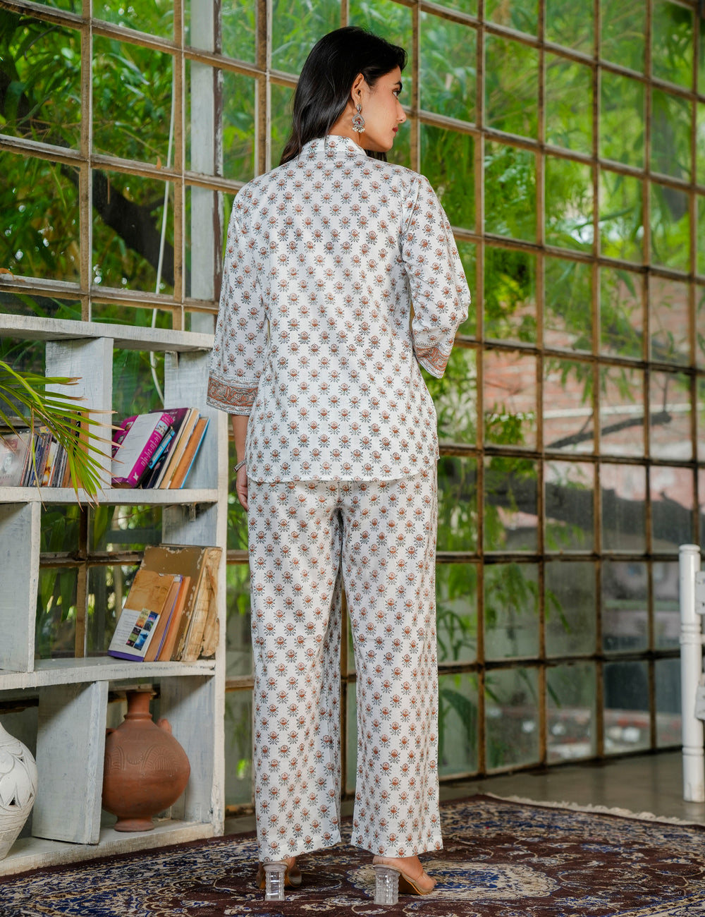 Hand-Block Printed Cotton Co-ord Set with Mandarin Collar - HL38