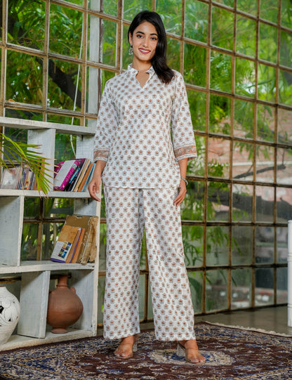 Hand-Block Printed Cotton Co-ord Set with Mandarin Collar - HL38