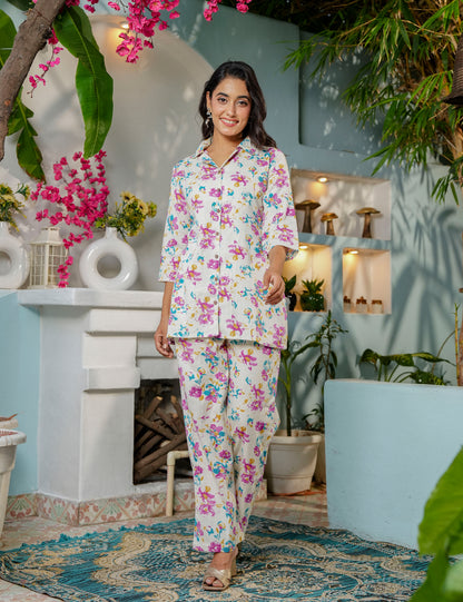 Multicolor floral Sanganeri Printed Relaxed Fit Cotton Co-ord Set - HL138