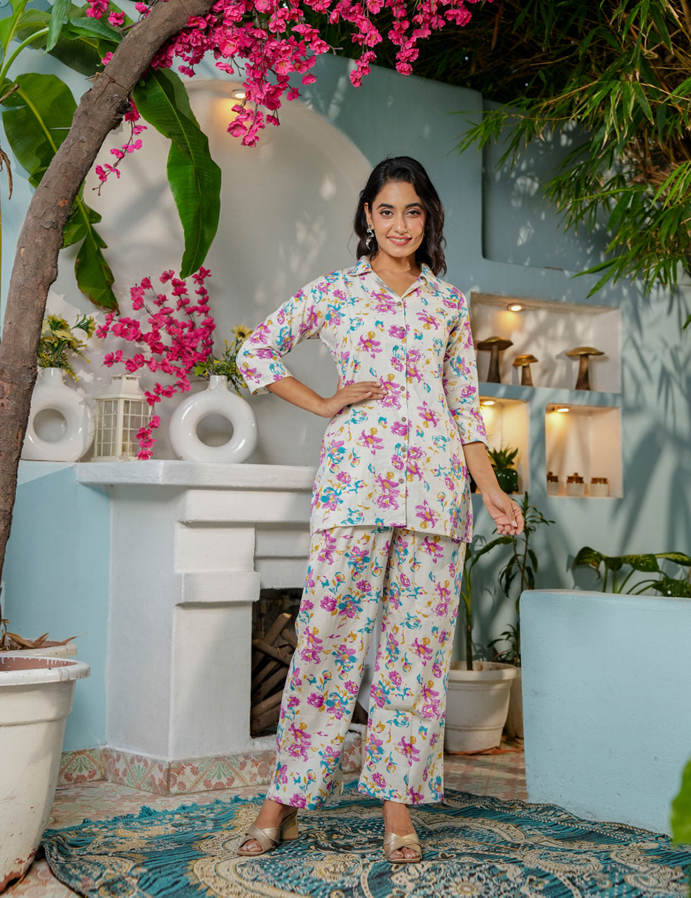 Multicolor floral Sanganeri Printed Relaxed Fit Cotton Co-ord Set - HL138