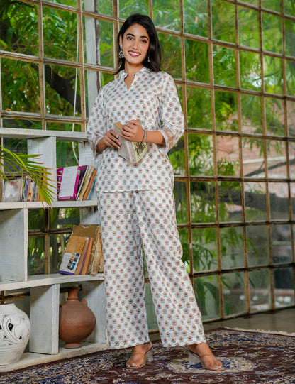 Hand-Block Printed Cotton Co-ord Set with Mandarin Collar - HL38