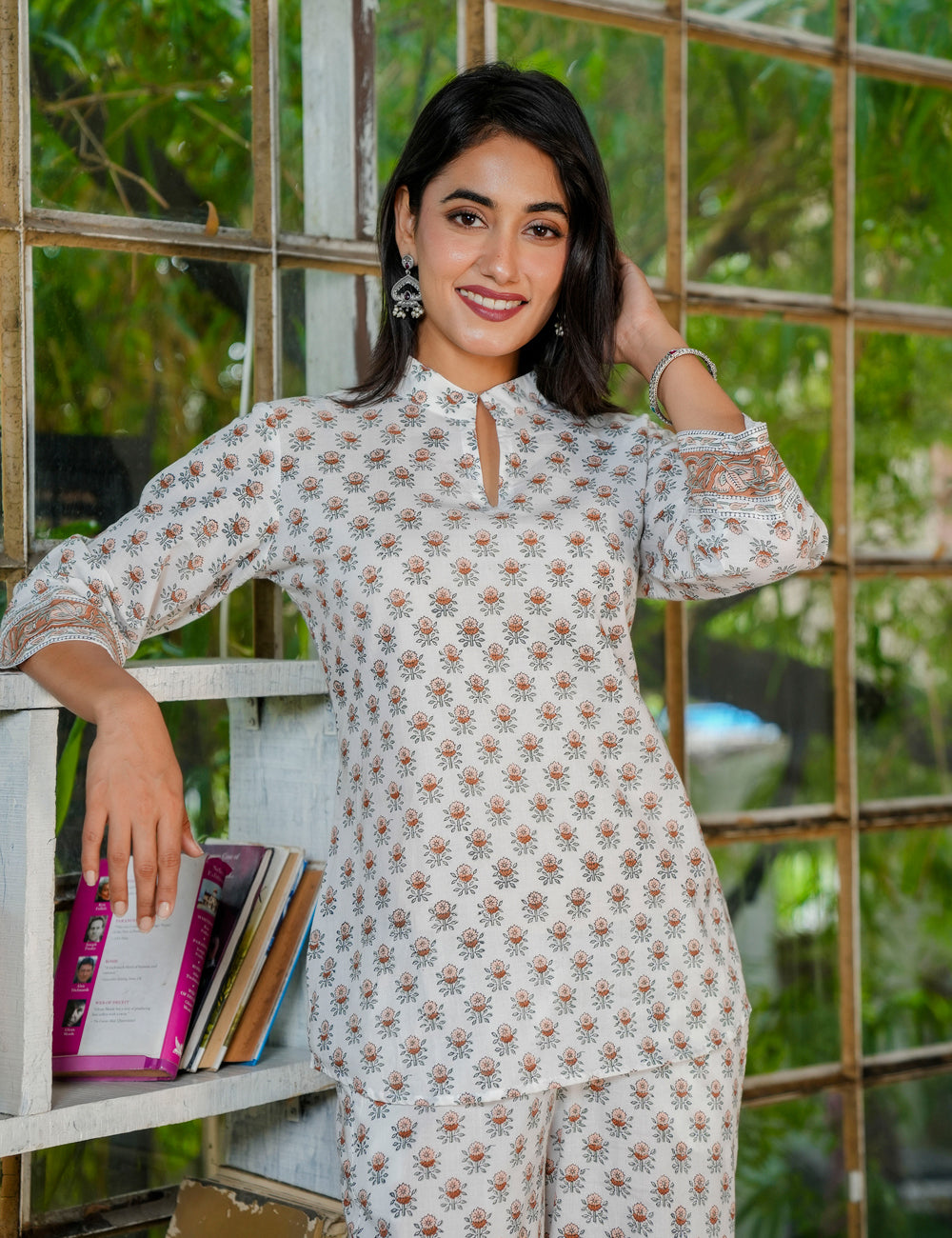 Hand-Block Printed Cotton Co-ord Set with Mandarin Collar - HL38