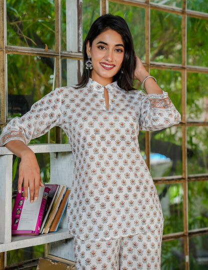 Hand-Block Printed Cotton Co-ord Set with Mandarin Collar - HL38
