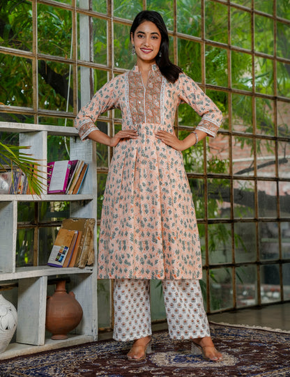 Traditional Hand-Block Printed A-Line Cotton Kurta Set with Blush Kota Doria Dupatta - HL39