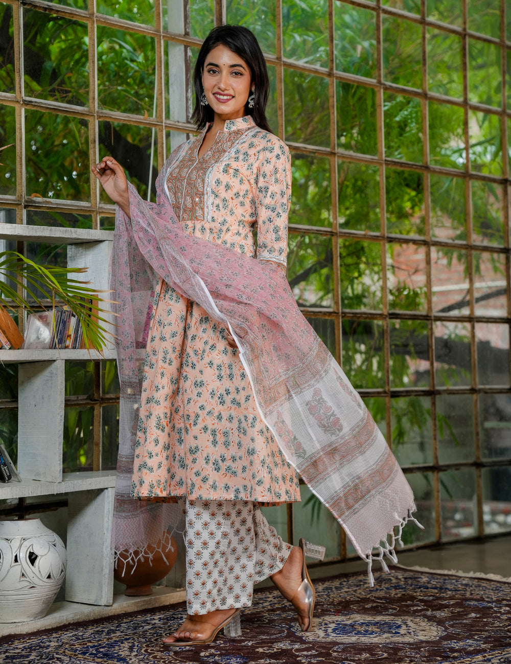 Traditional Hand-Block Printed A-Line Cotton Kurta Set with Blush Kota Doria Dupatta - HL39