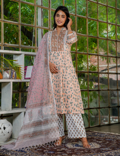 Traditional Hand-Block Printed A-Line Cotton Kurta Set with Blush Kota Doria Dupatta - HL39