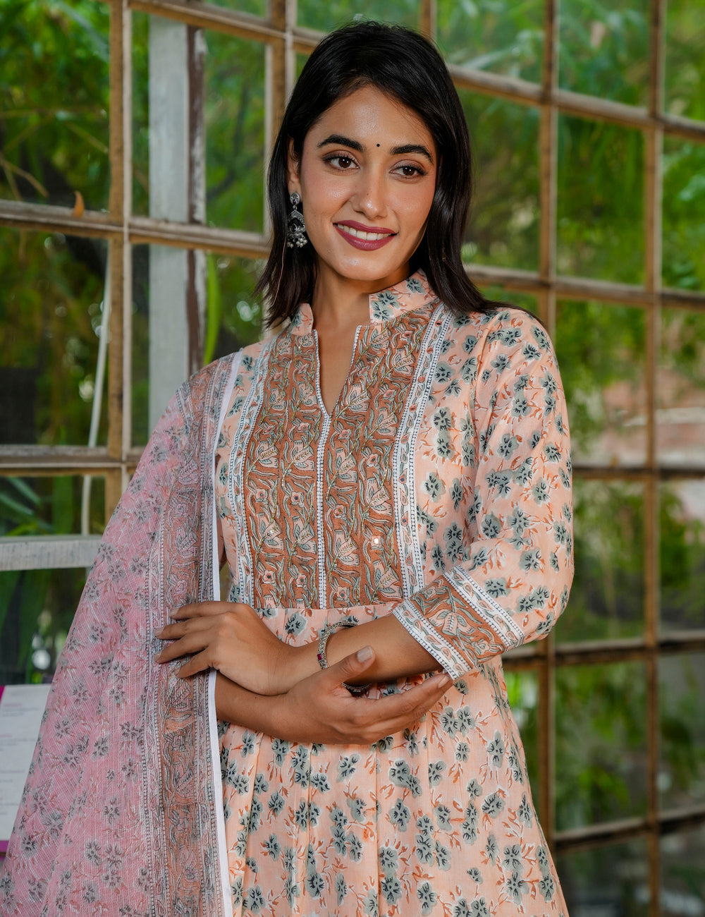 Traditional Hand-Block Printed A-Line Cotton Kurta Set with Blush Kota Doria Dupatta - HL39