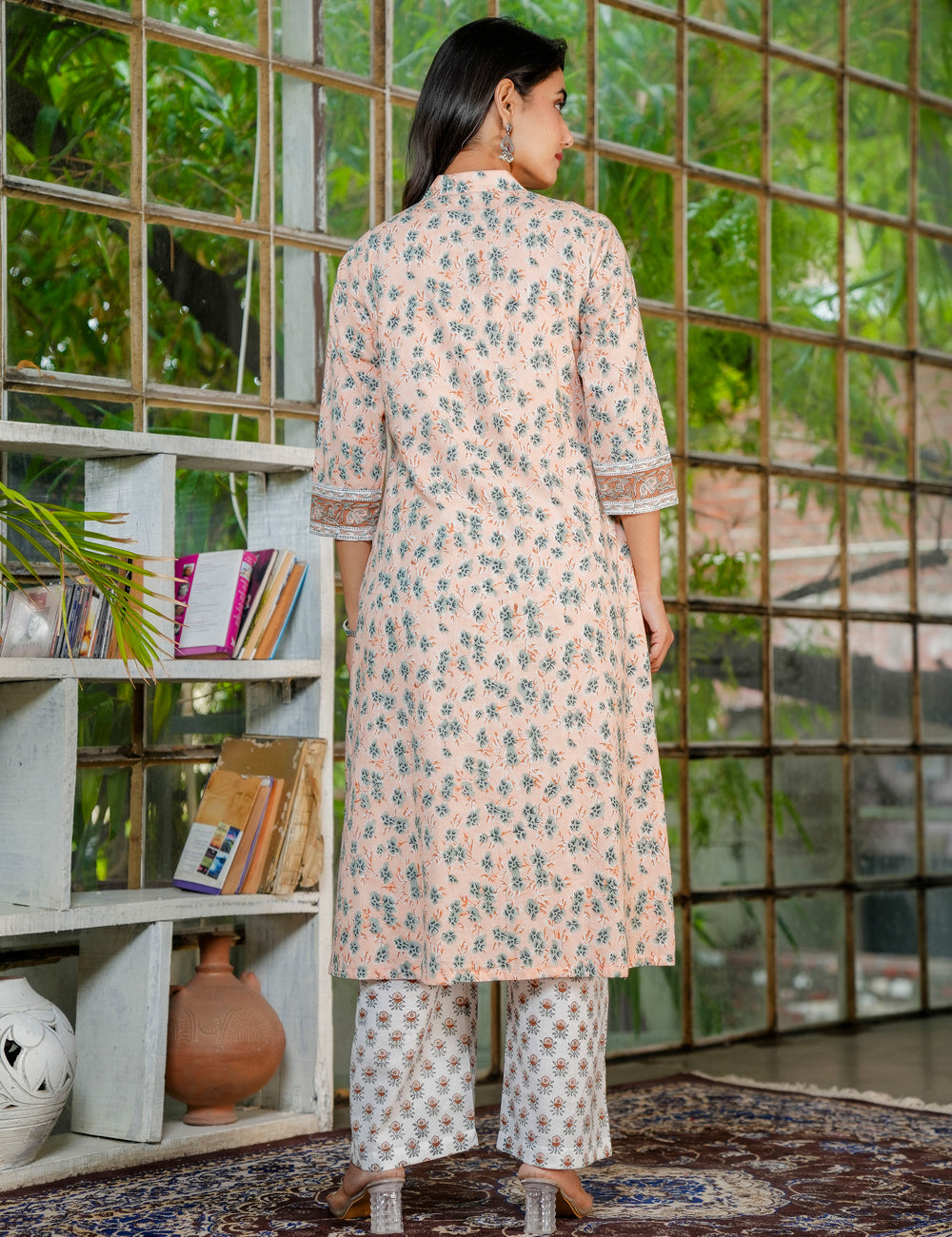 Traditional Hand-Block Printed A-Line Cotton Kurta Set with Blush Kota Doria Dupatta - HL39