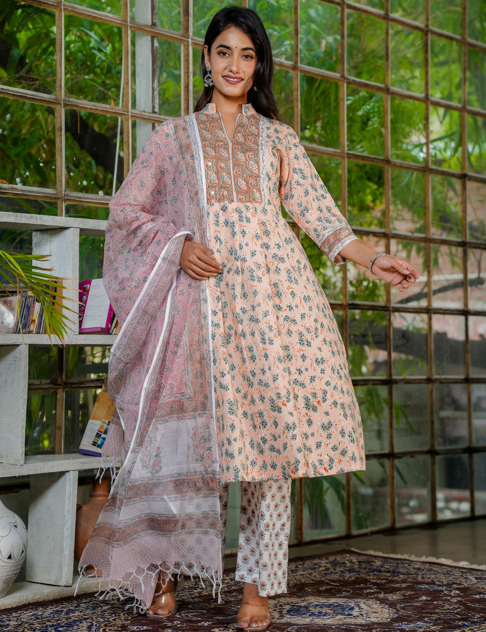 Traditional Hand-Block Printed A-Line Cotton Kurta Set with Blush Kota Doria Dupatta - HL39