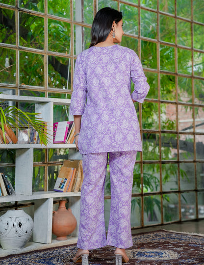 Lavender Grace Sanganeri Printed Cotton Co-ord Set - HL40