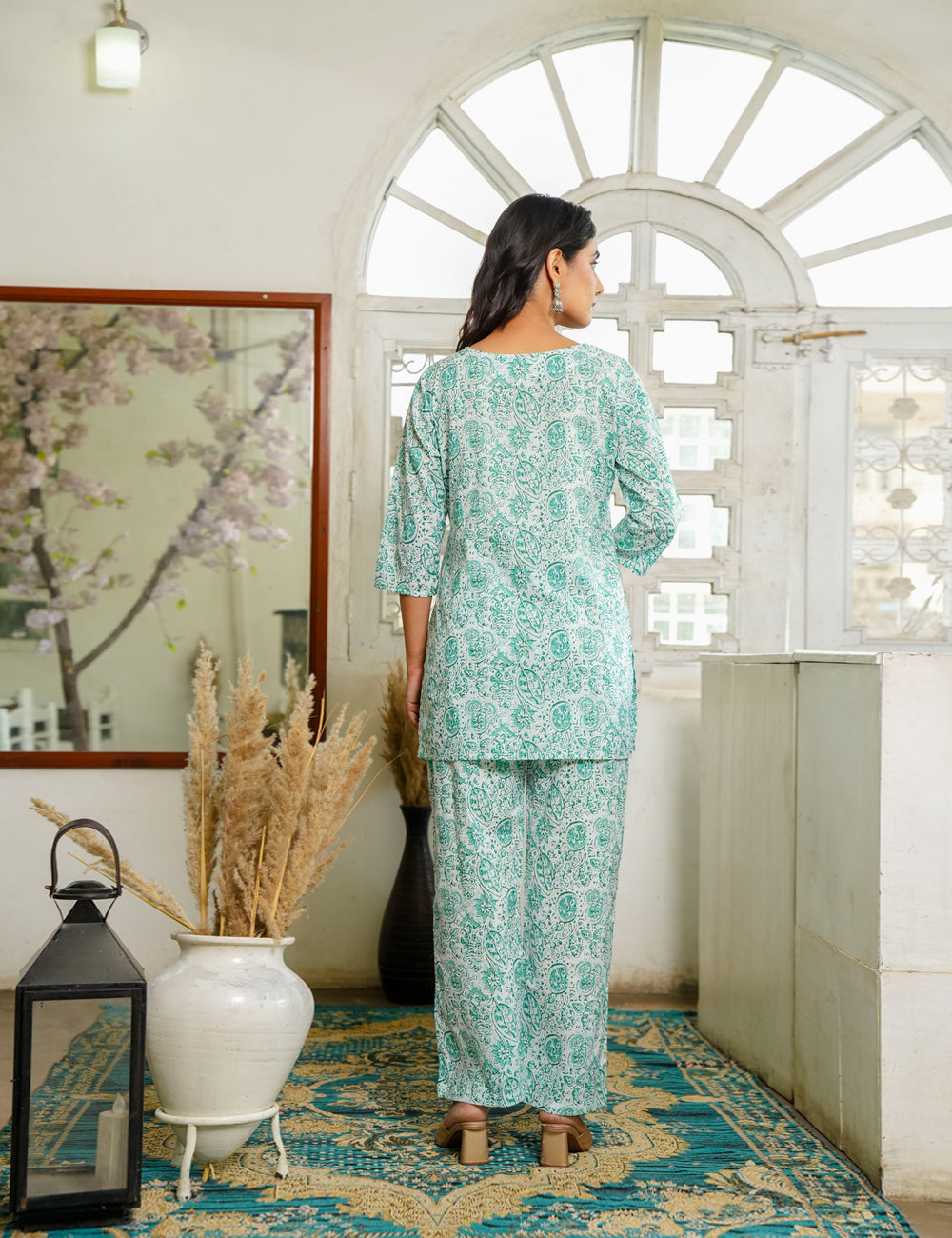 Refreshing mint-green Sanganeri Printed Relaxed Fit Cotton Co-ord Set - HL140