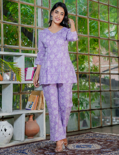 Lavender Grace Sanganeri Printed Cotton Co-ord Set - HL40