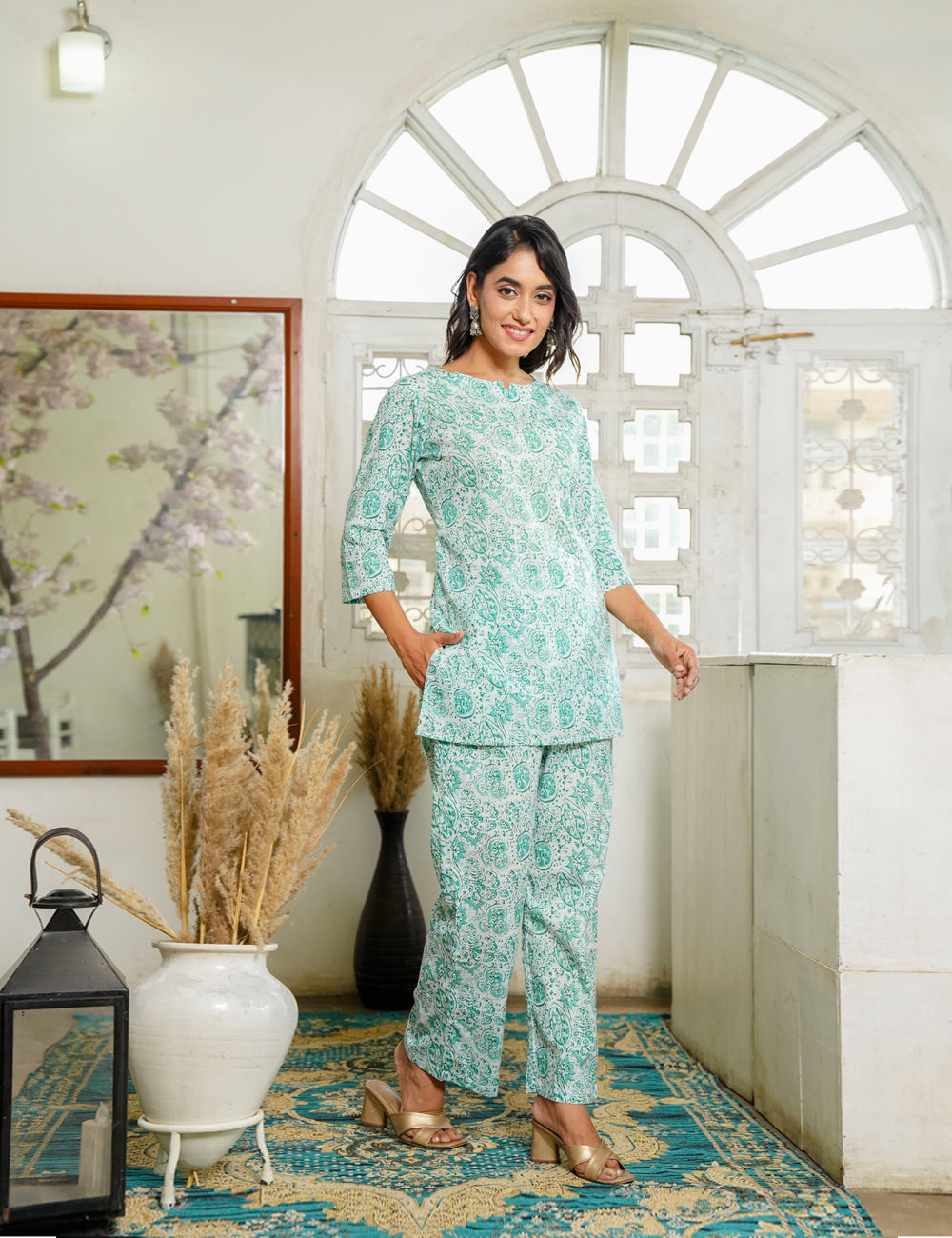 Refreshing mint-green Sanganeri Printed Relaxed Fit Cotton Co-ord Set - HL140