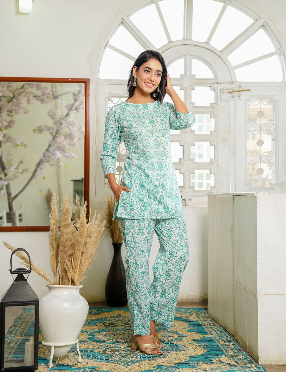 Refreshing mint-green Sanganeri Printed Relaxed Fit Cotton Co-ord Set - HL140