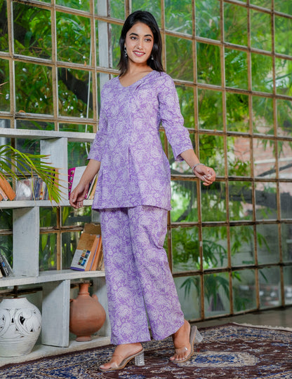 Lavender Grace Sanganeri Printed Cotton Co-ord Set - HL40