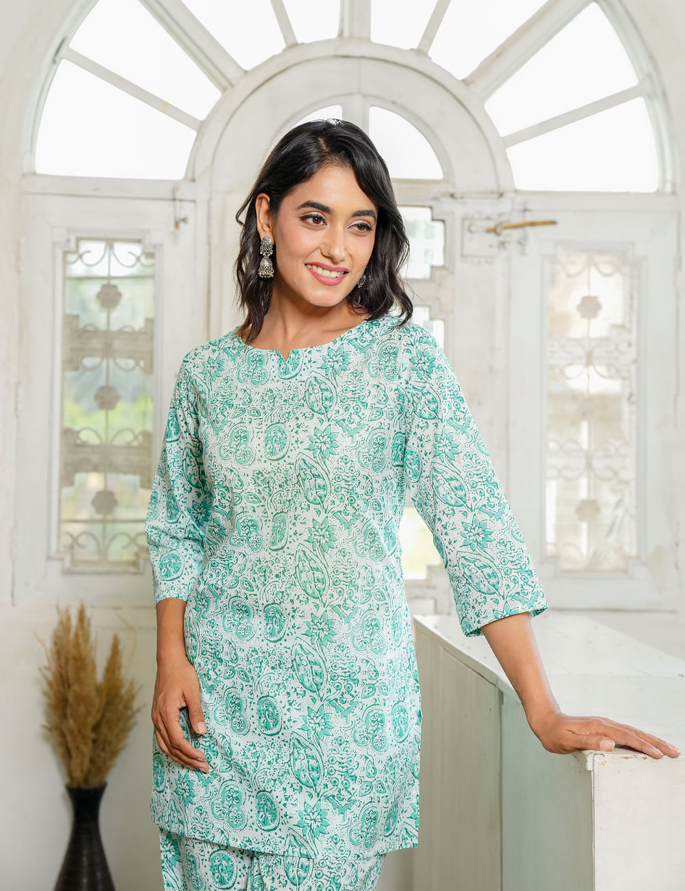 Refreshing mint-green Sanganeri Printed Relaxed Fit Cotton Co-ord Set - HL140
