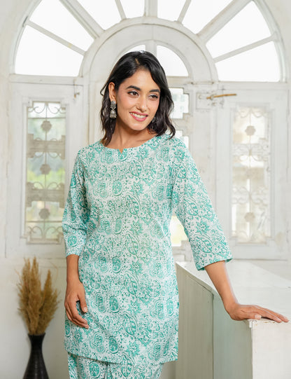 Refreshing mint-green Sanganeri Printed Relaxed Fit Cotton Co-ord Set - HL140