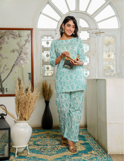 Refreshing mint-green Sanganeri Printed Relaxed Fit Cotton Co-ord Set - HL140