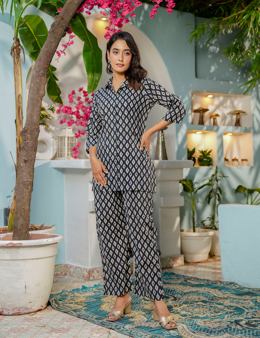 Diamond Ikat Sanganeri Printed Relaxed Fit Cotton Co-ord Set - HL141