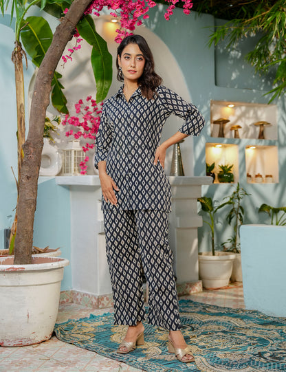 Diamond Ikat Sanganeri Printed Relaxed Fit Cotton Co-ord Set - HL141