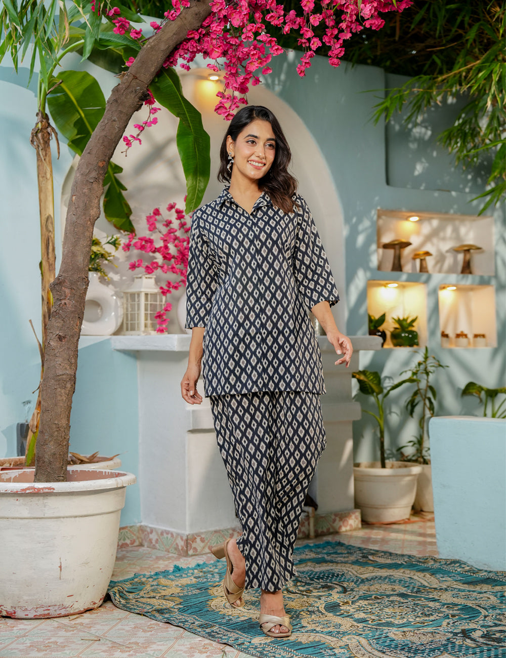 Diamond Ikat Sanganeri Printed Relaxed Fit Cotton Co-ord Set - HL141