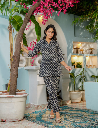 Diamond Ikat Sanganeri Printed Relaxed Fit Cotton Co-ord Set - HL141