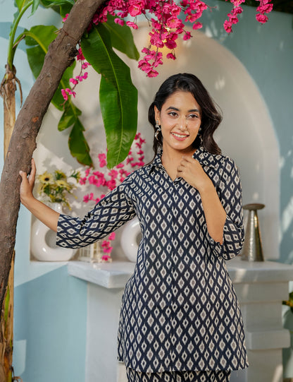 Diamond Ikat Sanganeri Printed Relaxed Fit Cotton Co-ord Set - HL141