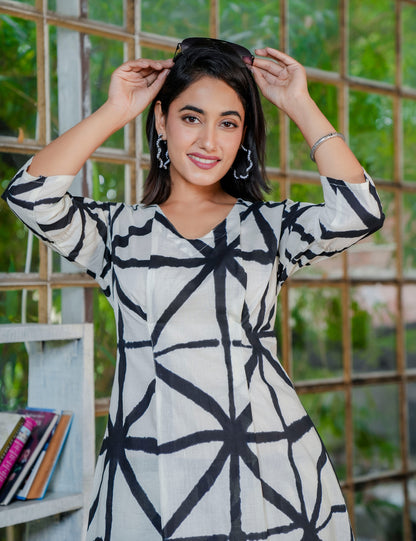 Sanganeri Printed Cotton Co-ord Set with Geometric Shibori Design - HL41