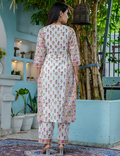 Tulip Bloom Hand-Block Printed Cotton A-Line Angrakha Kurta Set with Kota Doria Dupatta - HL42