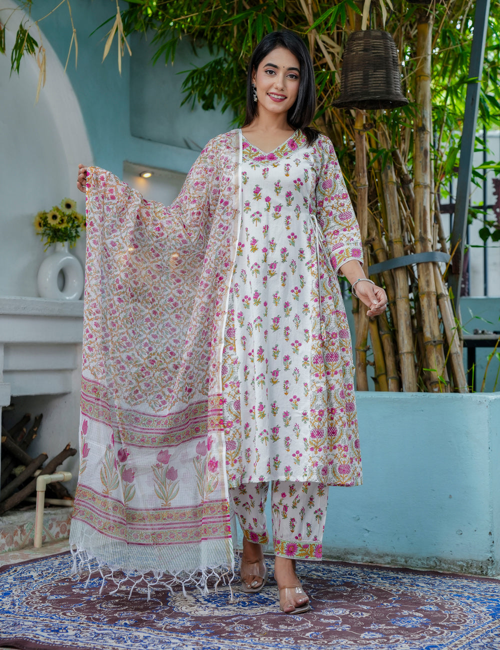 Tulip Bloom Hand-Block Printed Cotton A-Line Angrakha Kurta Set with Kota Doria Dupatta - HL42